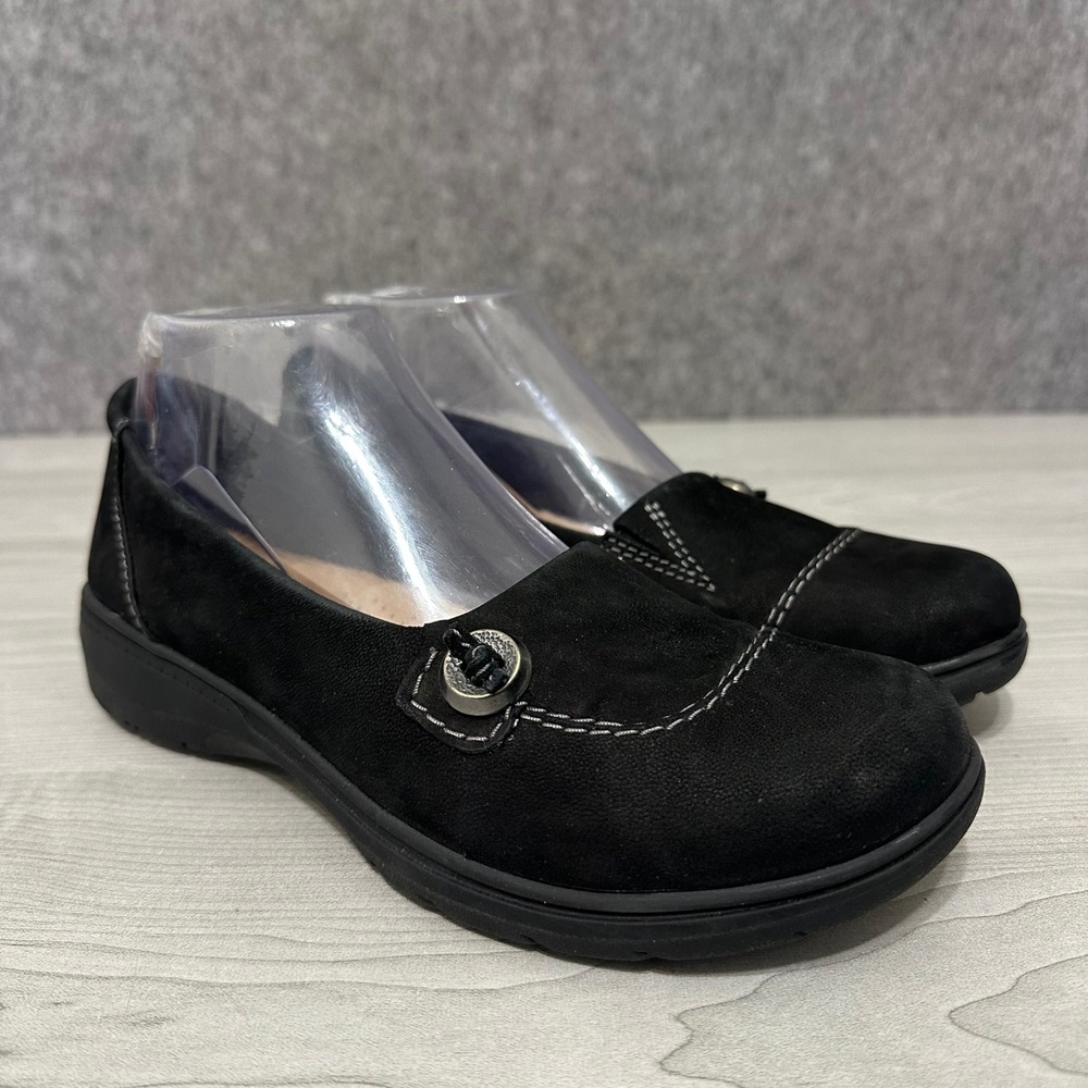 Clarks Carleigh Lulin Slip On Flats Womens 7.5 Black Nubuck Leather‎ Button